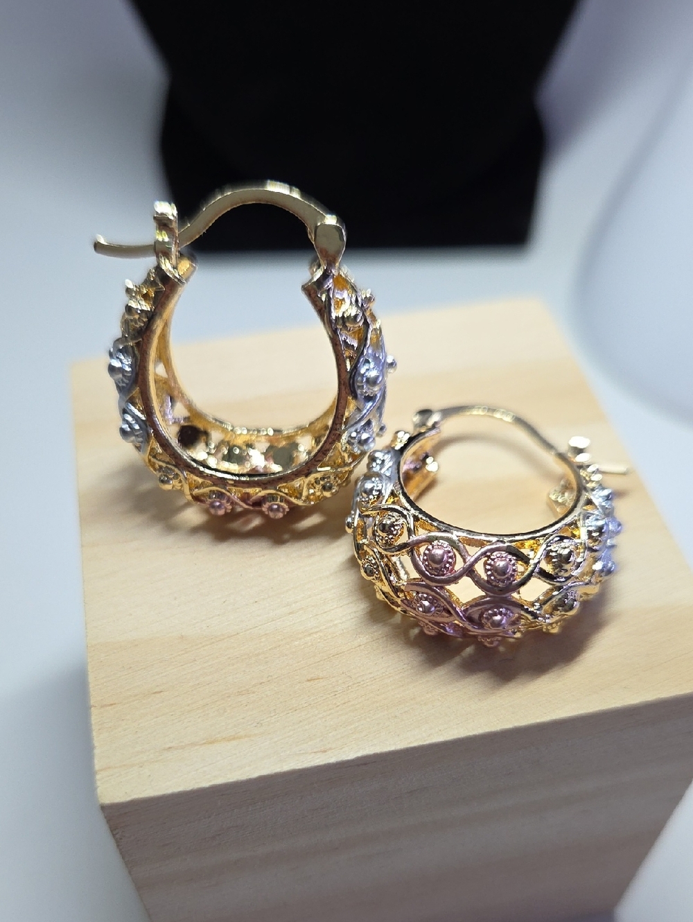 Gold-Tone Filigree Hoop Earrings with Pink and Clear Accents